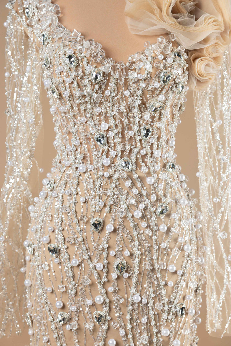 Sihëna Pearl Radiance — ivory v-neck long-sleeve mermaid evening dress