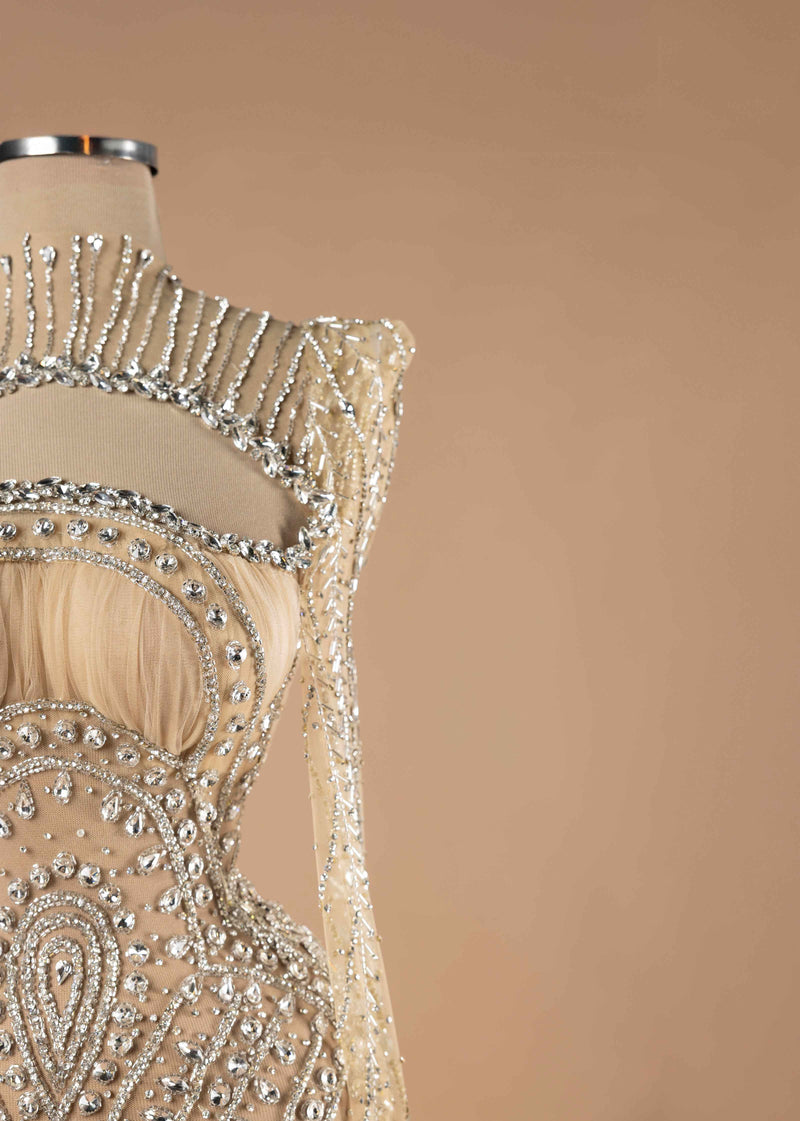 Sihëna Starlit Symphony — nude high-neck long-sleeve column evening dress