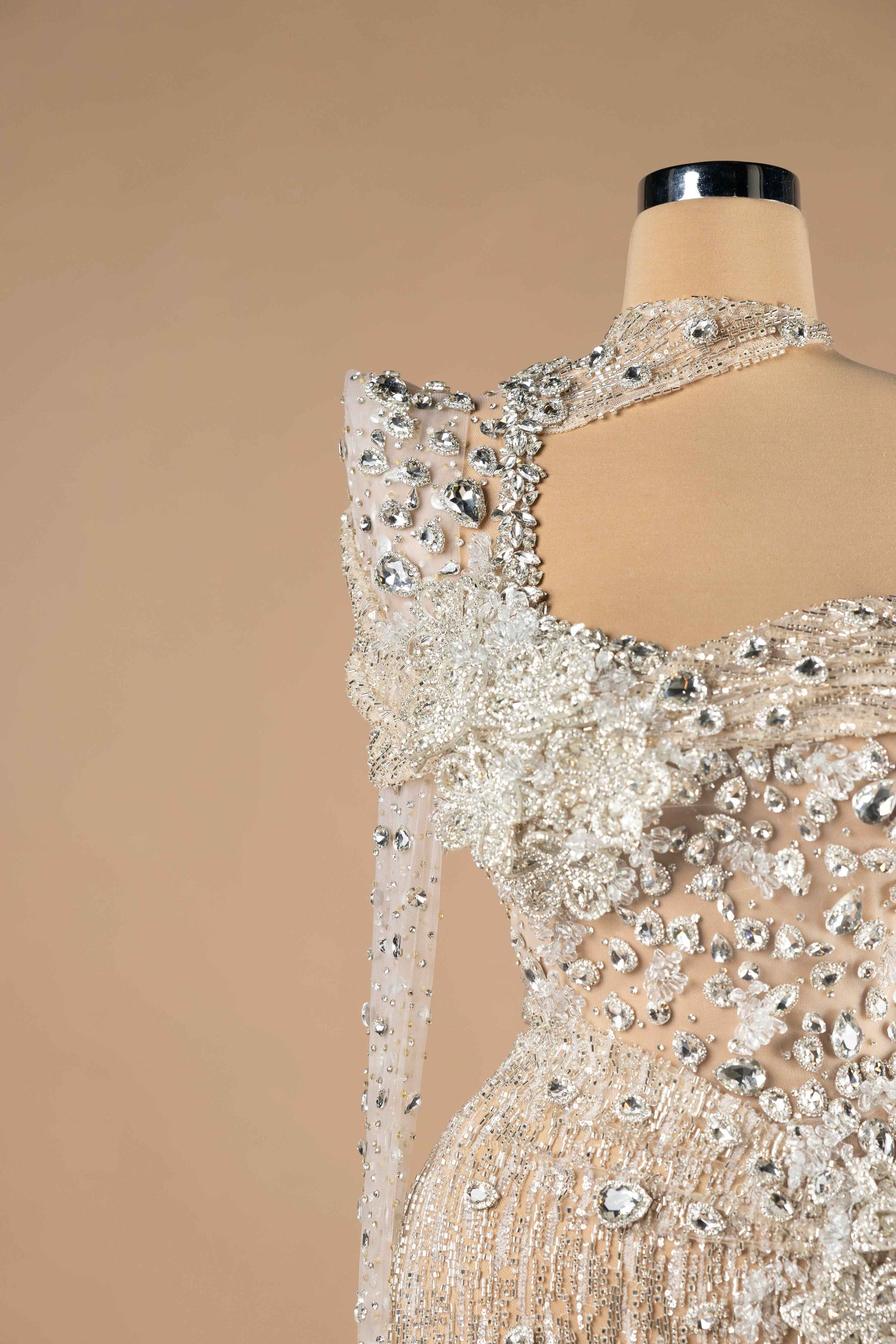 Sihëna Crystal Constellation — ivory asymmetric long-sleeve mermaid evening dress