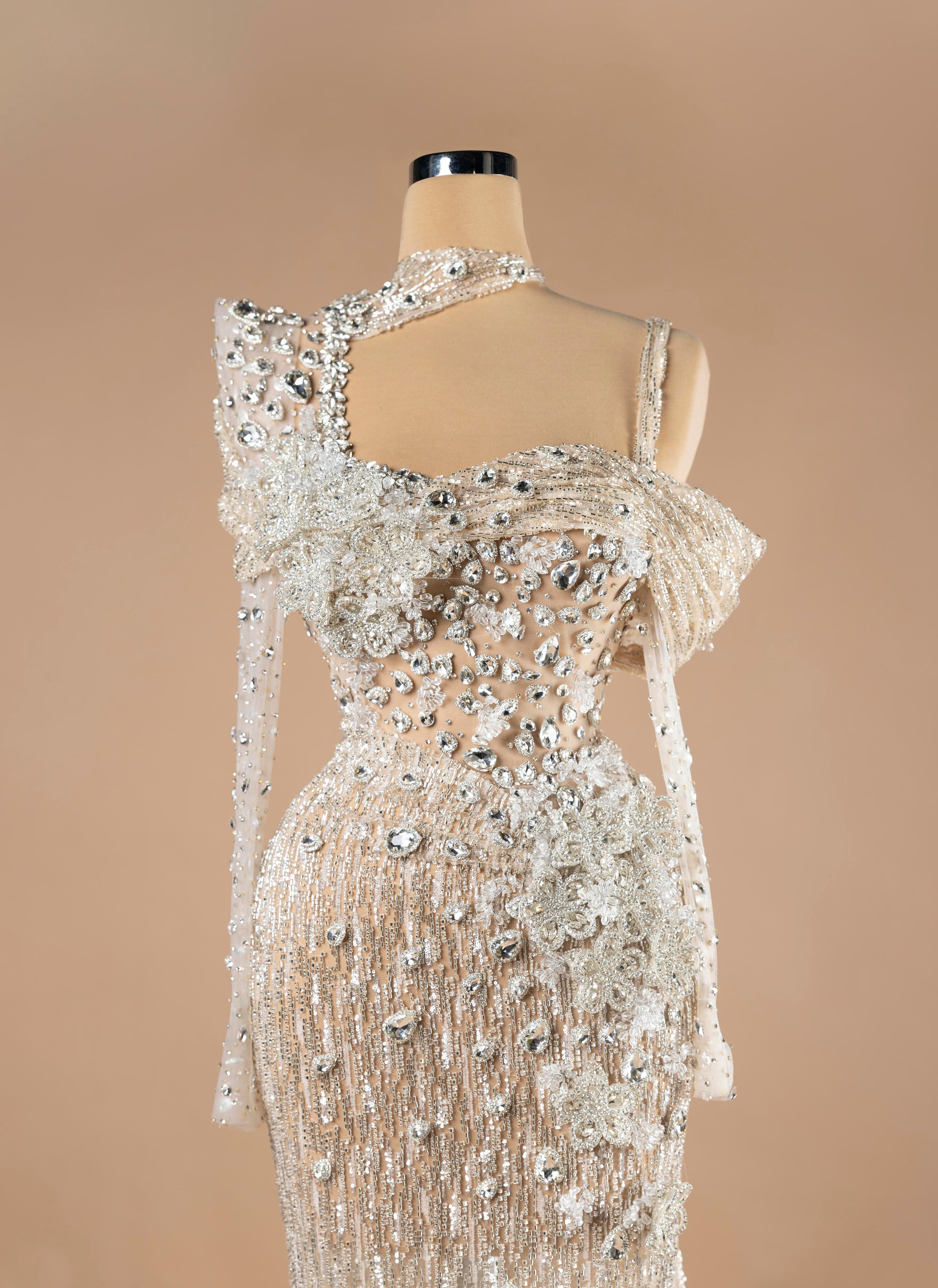 Sihëna Crystal Constellation — ivory asymmetric long-sleeve mermaid evening dress