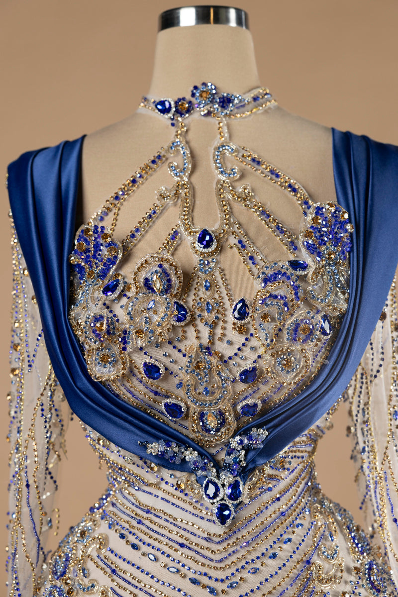 Sihëna Sapphire Majesty — navy high-neck long-sleeve a-line evening dress
