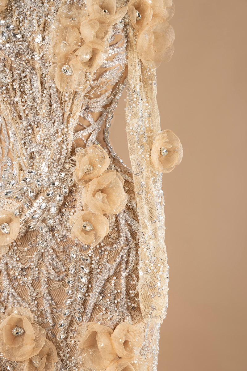 Sihëna Golden Blossom Cascade — champagne high-neck long-sleeve column evening dress