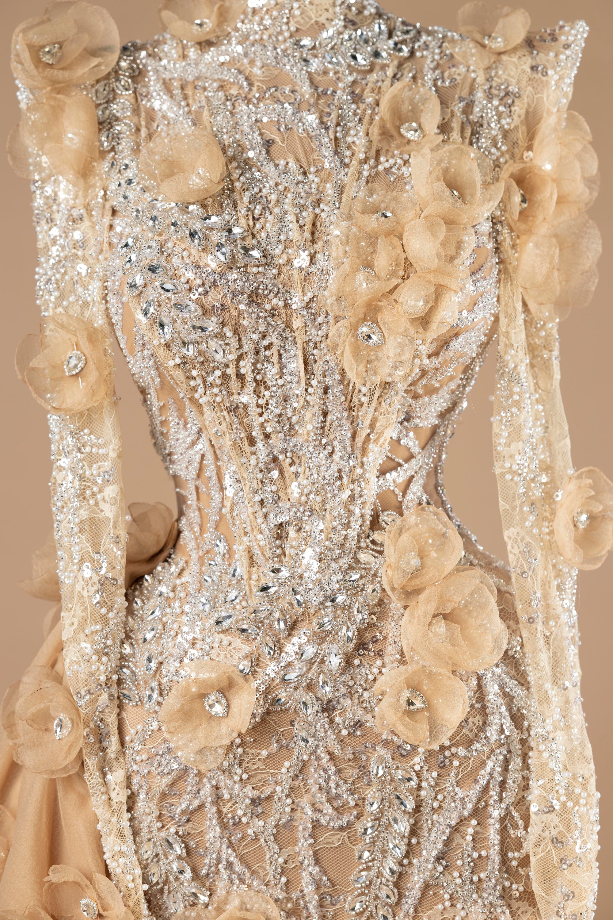 Sihëna Golden Blossom Cascade — champagne high-neck long-sleeve column evening dress