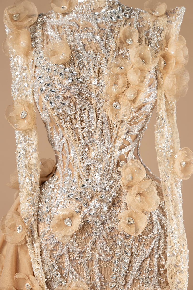 Sihëna Golden Blossom Cascade — champagne high-neck long-sleeve column evening dress