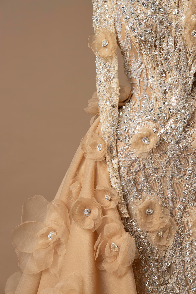 Sihëna Golden Blossom Cascade — champagne high-neck long-sleeve column evening dress