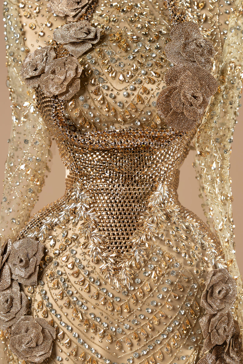 Sihëna Gilded Rose Empress — gold high-neck long-sleeve column evening dress