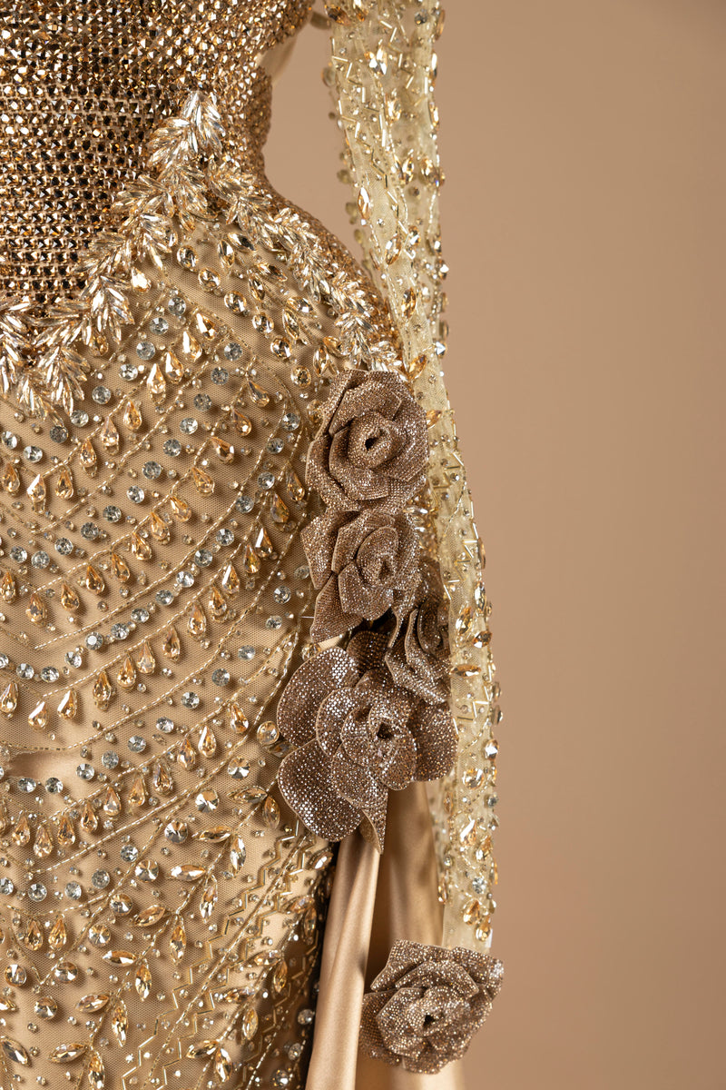 Sihëna Gilded Rose Empress — gold high-neck long-sleeve column evening dress