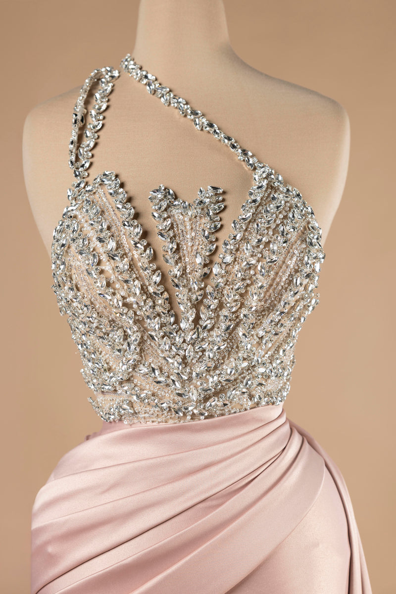 Sihëna Blush Radiance — blush one-shoulder sleeveless column evening dress
