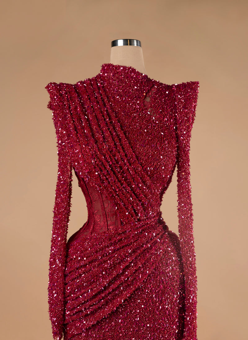 Sihëna Crimson Eclipse — burgundy high-neck long-sleeve mermaid evening dress
