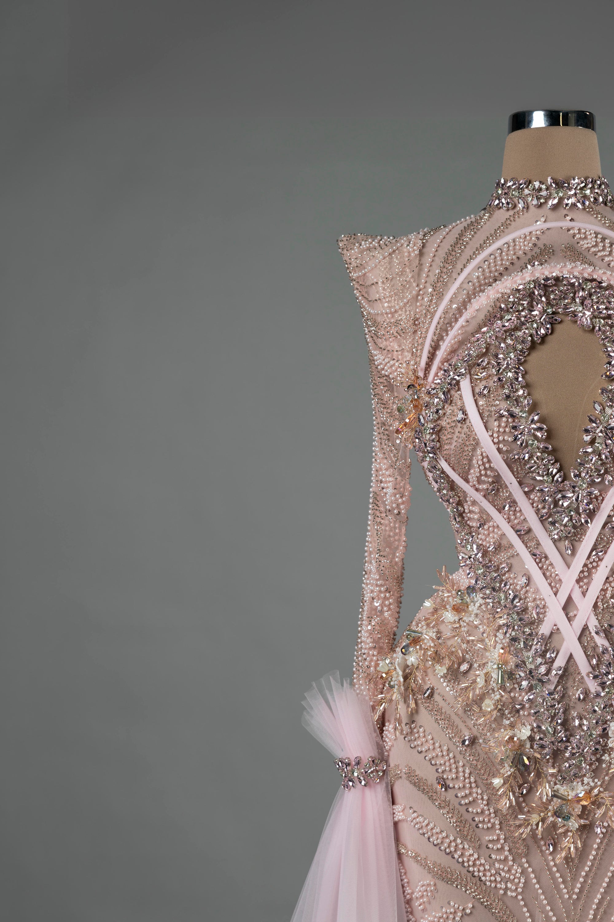 Sihëna Blush Enigma — blush high-neck long-sleeve column evening dress