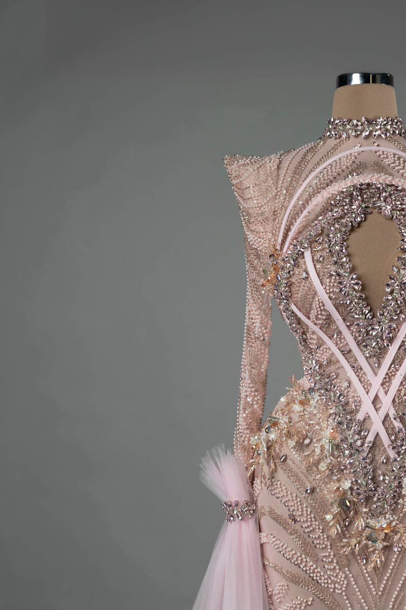 Sihëna Blush Enigma — blush high-neck long-sleeve column evening dress