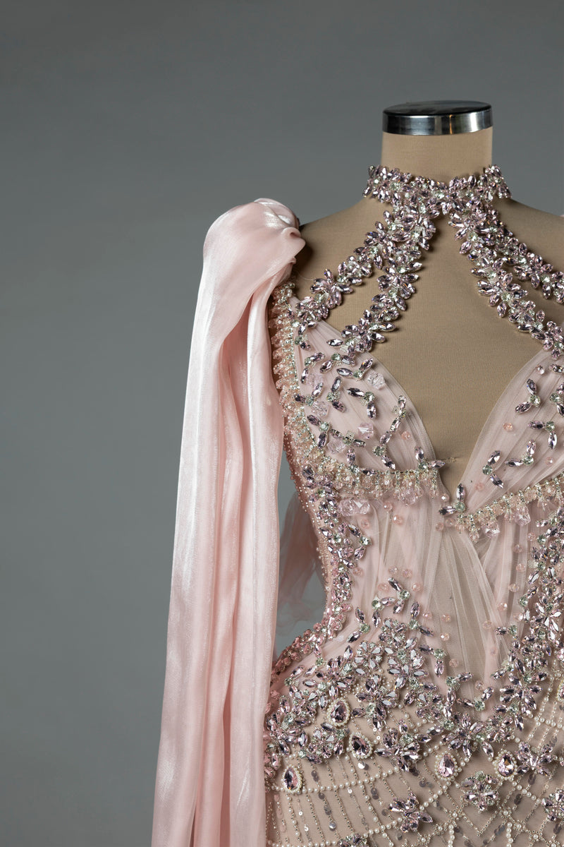 Sihëna Celestial Bloom — blush halter sleeveless column evening dress