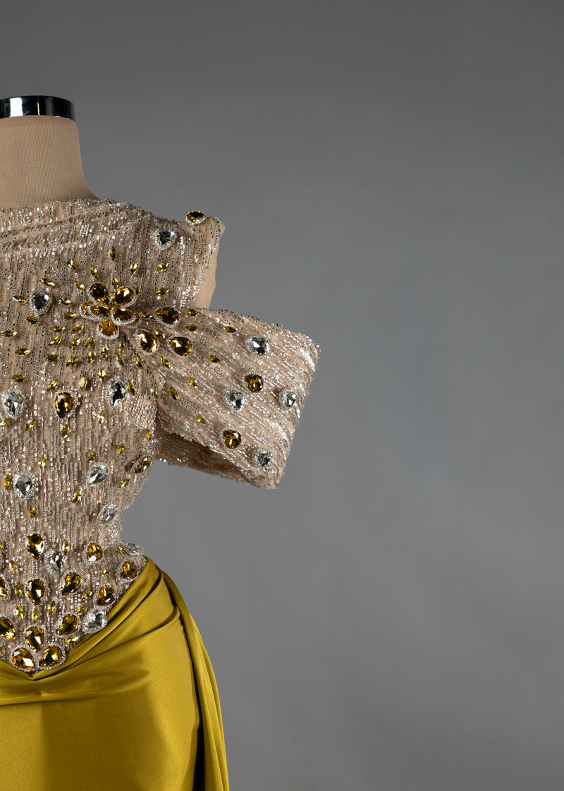 Sihëna Golden Majesty — gold one-shoulder off-shoulder mermaid evening dress