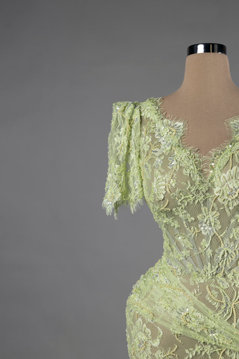 Sihëna Celadon Whisper — sage-green v-neck short-sleeve mermaid evening dress