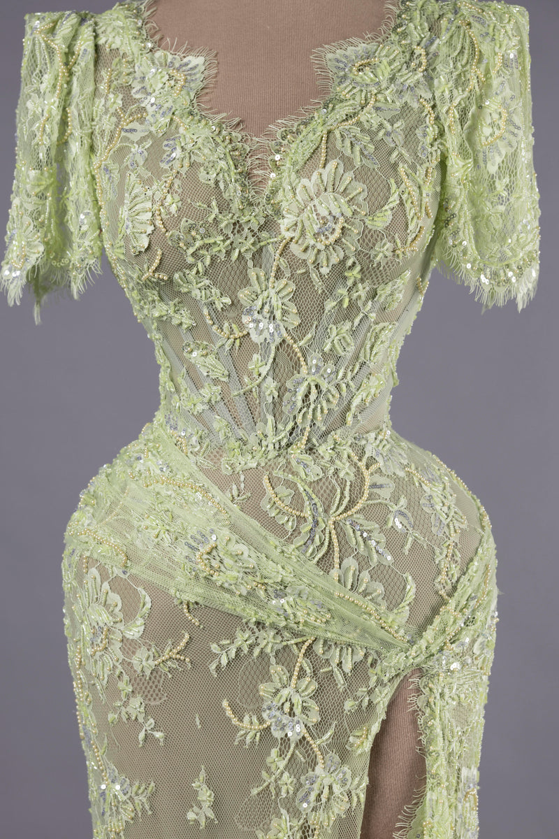 Sihëna Celadon Whisper — sage-green v-neck short-sleeve mermaid evening dress
