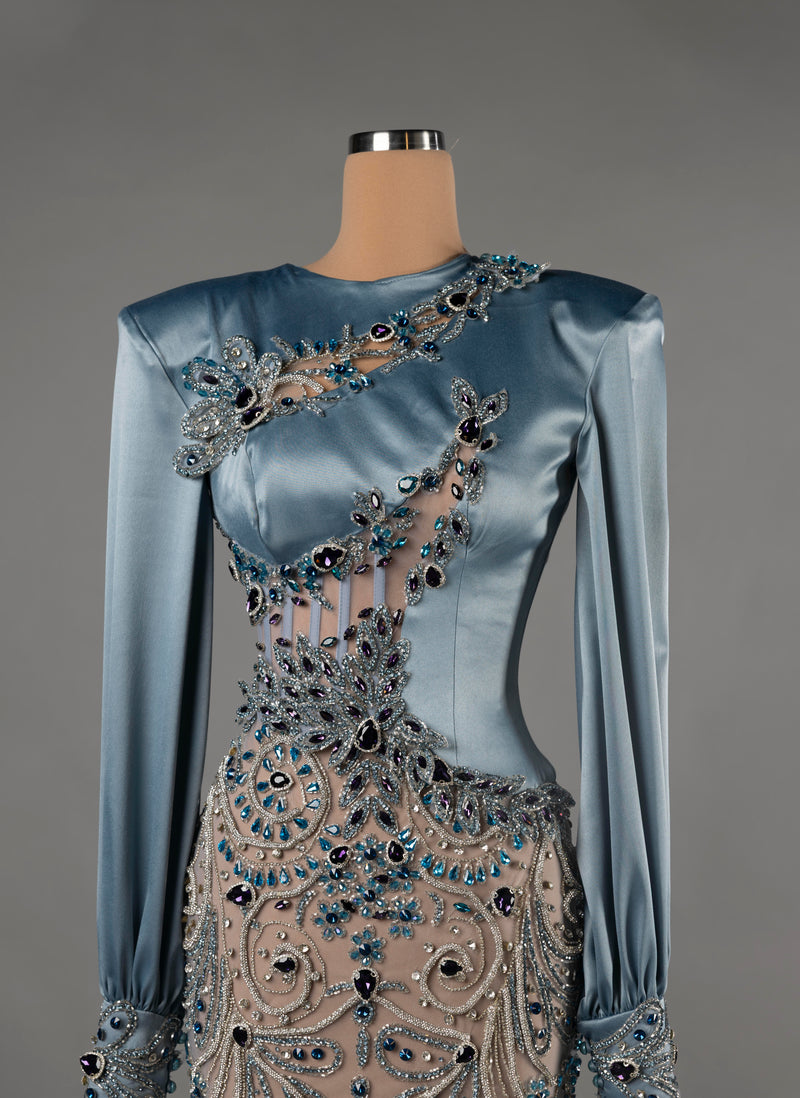 Sihëna Sapphire Enigma — powder-blue high-neck long-sleeve mermaid evening dress