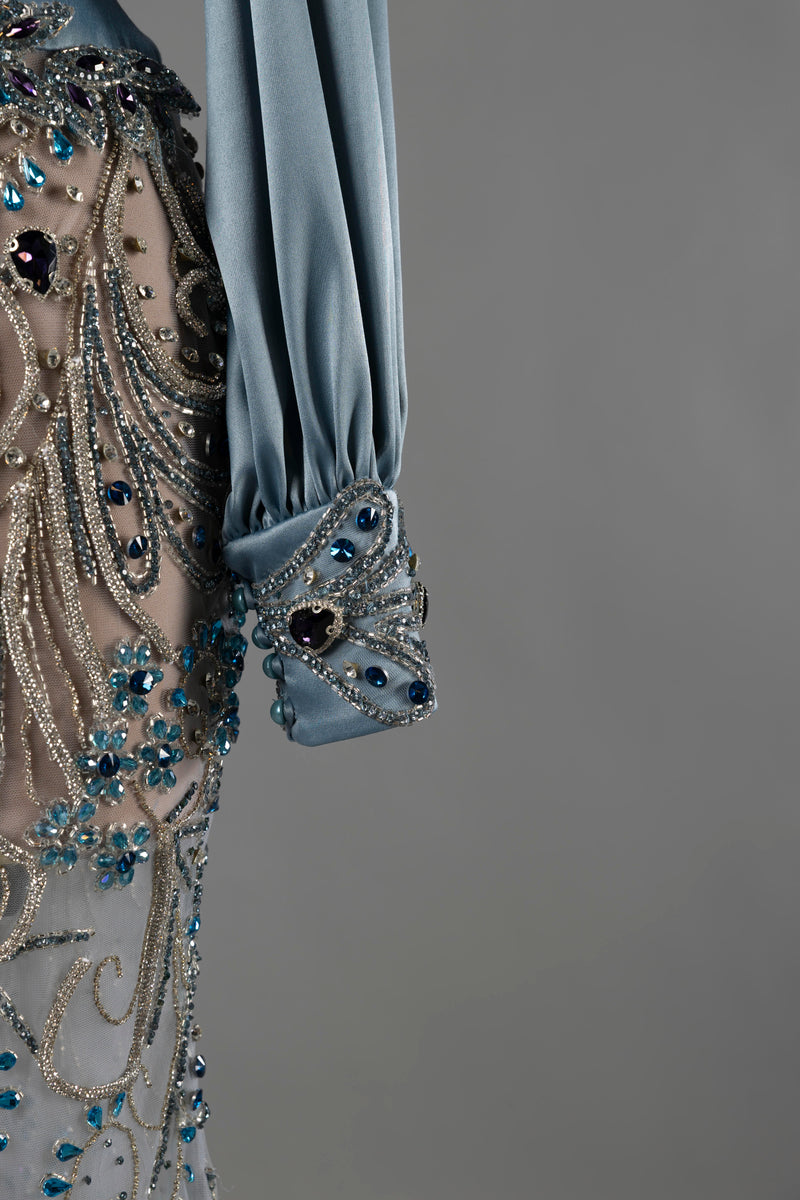 Sihëna Sapphire Enigma — powder-blue high-neck long-sleeve mermaid evening dress