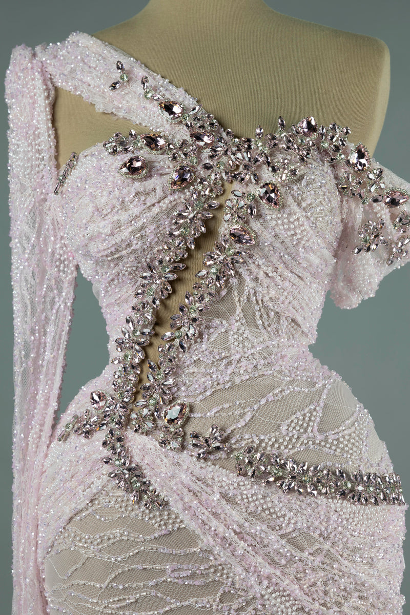 Sihëna Petal Rapture — blush one-shoulder long-sleeve column evening dress