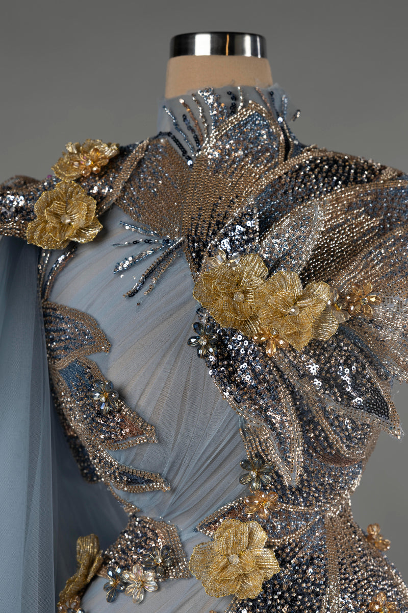 Sihëna Eclipse Reverie — powder-blue high-neck sleeveless column evening dress