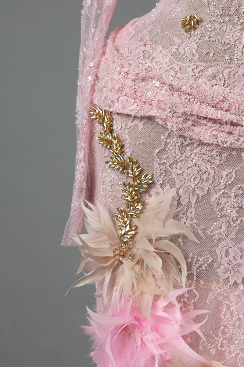 Sihëna Rose Plume — pink high-neck long-sleeve mermaid evening dress