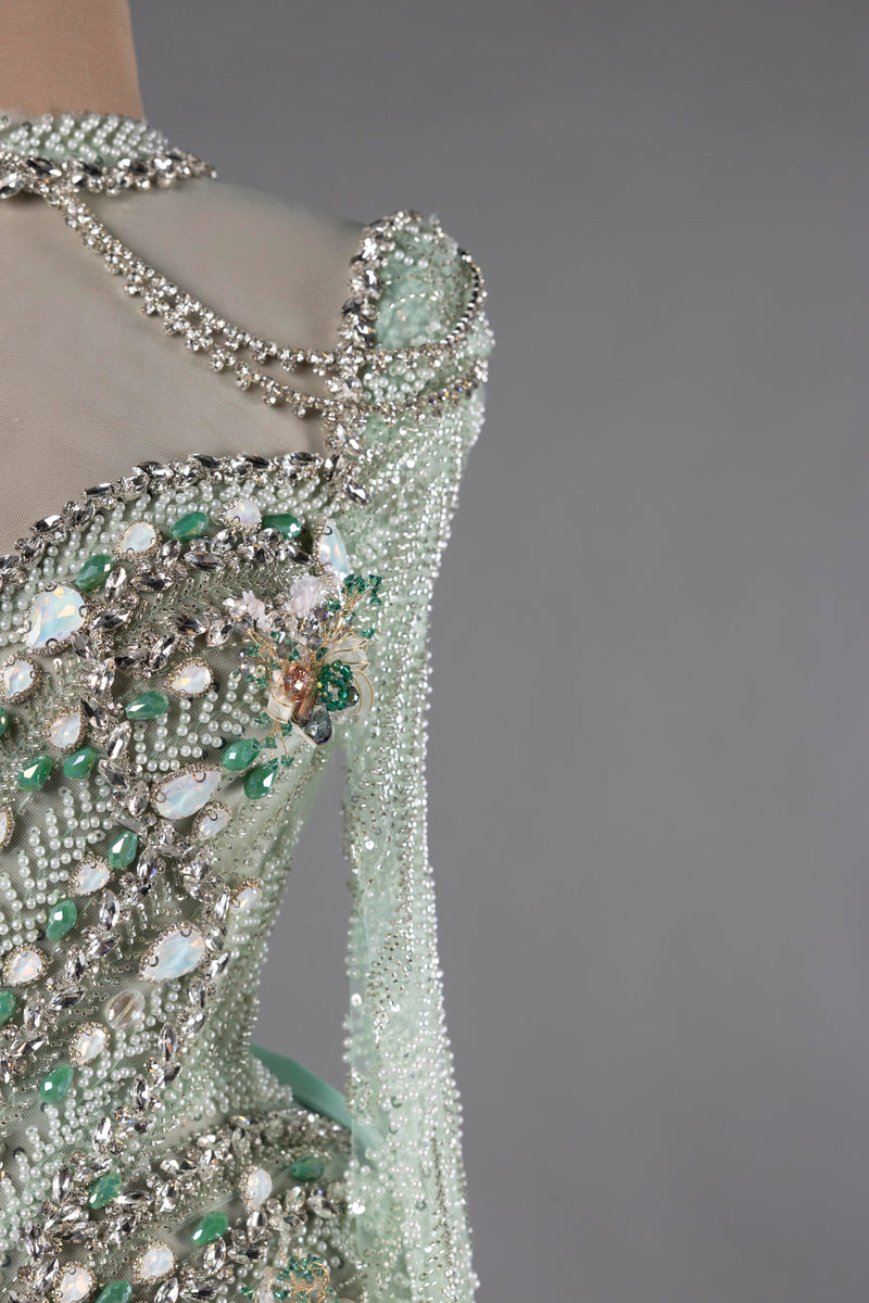 Sihëna Aqua Aurora — mint high-neck long-sleeve mermaid evening dress