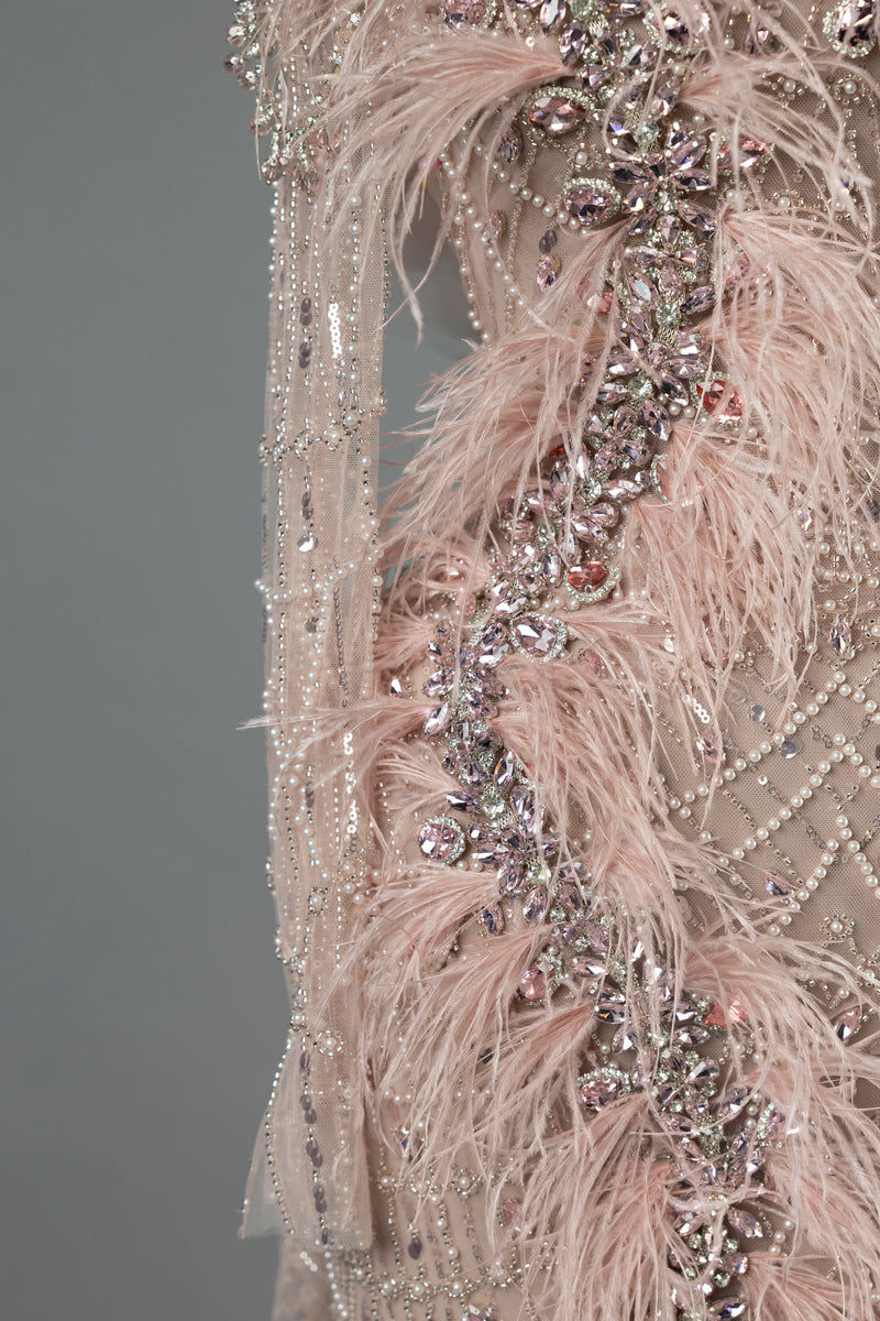 Sihëna Rose Mirage — blush high-neck long-sleeve mermaid evening dress