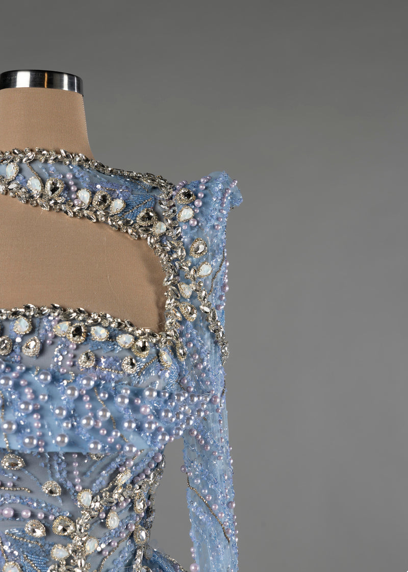 Sihëna Moonlit Tide — powder-blue one-shoulder long-sleeve column evening dress