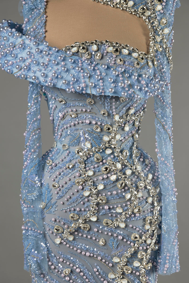 Sihëna Moonlit Tide — powder-blue one-shoulder long-sleeve column evening dress