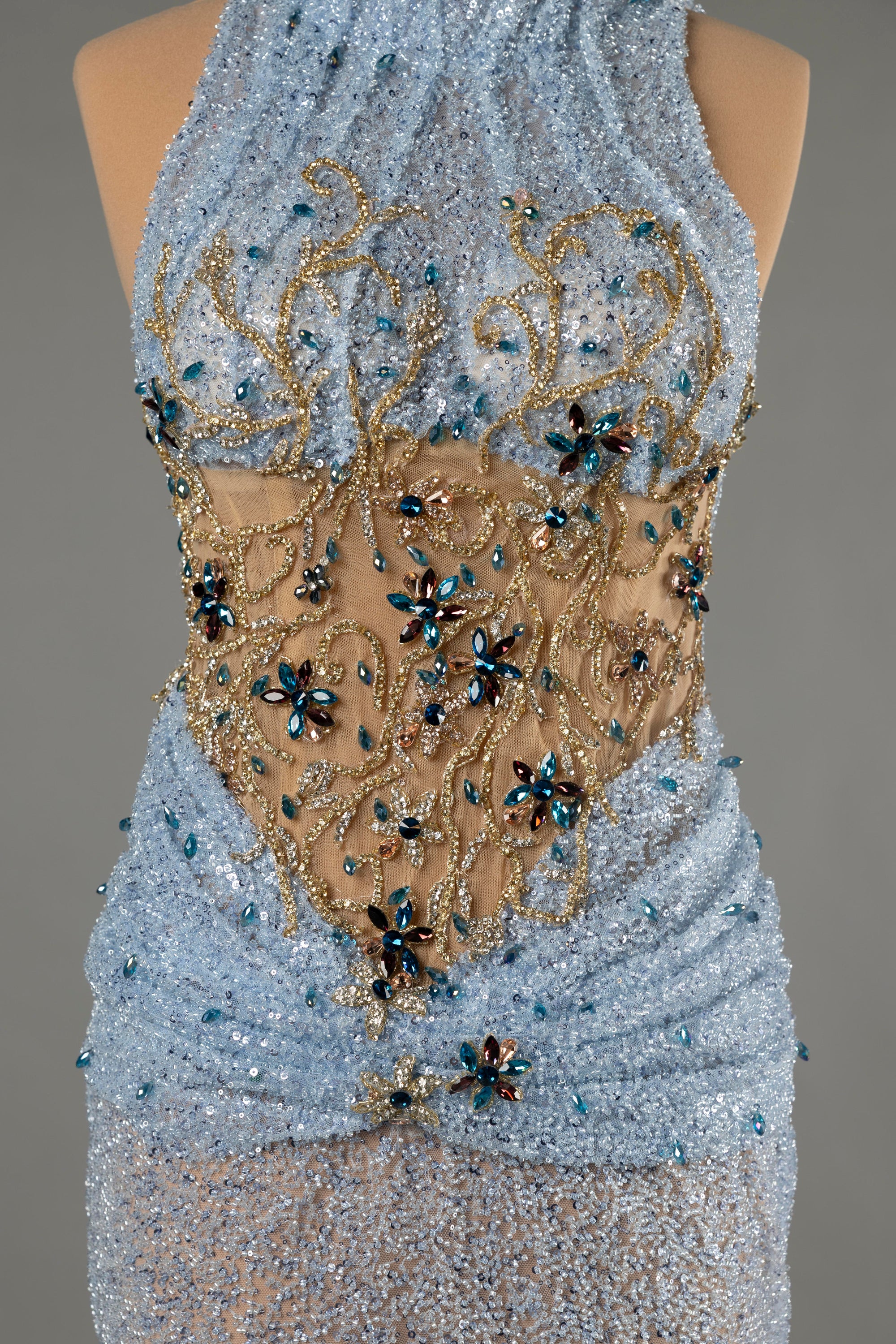 Sihëna Azure Filigree — powder-blue high-neck sleeveless mermaid evening dress
