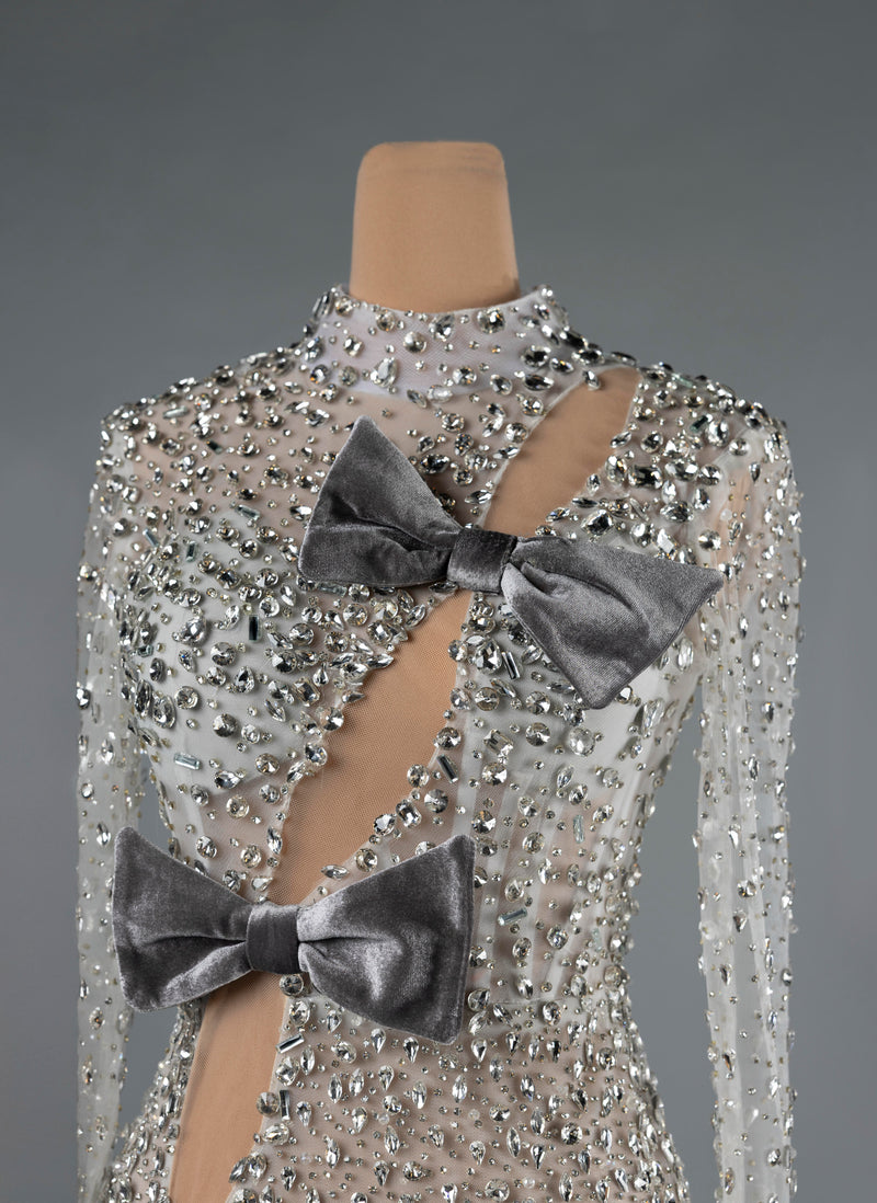 Sihëna Argent Bows — silver high-neck long-sleeve fitted cocktail dress