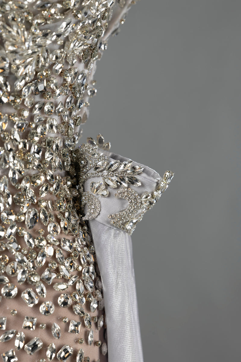 Sihëna Ivory Regalia — silver strapless off-shoulder mermaid evening dress