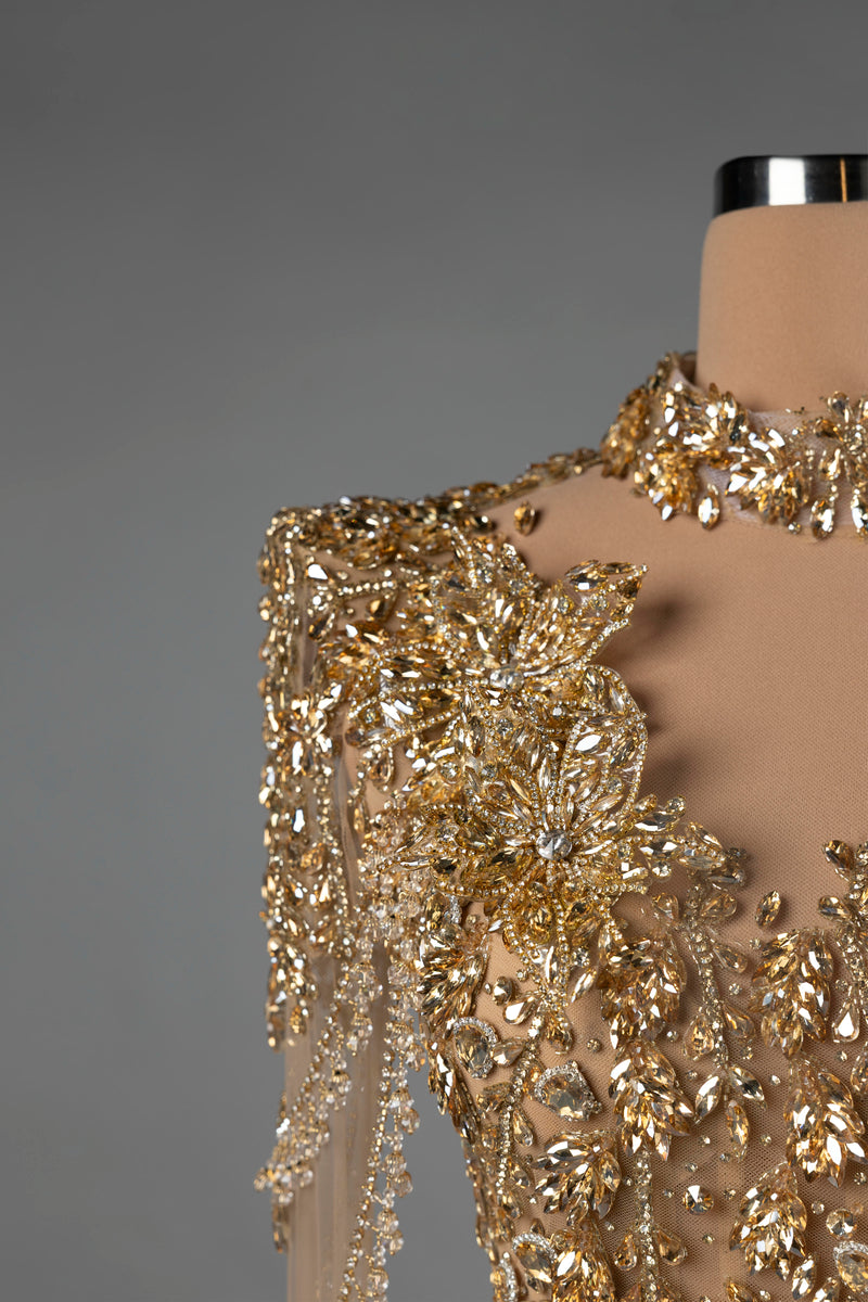 Sihëna Sunlit Diadem — gold high-neck long-sleeve mermaid evening dress