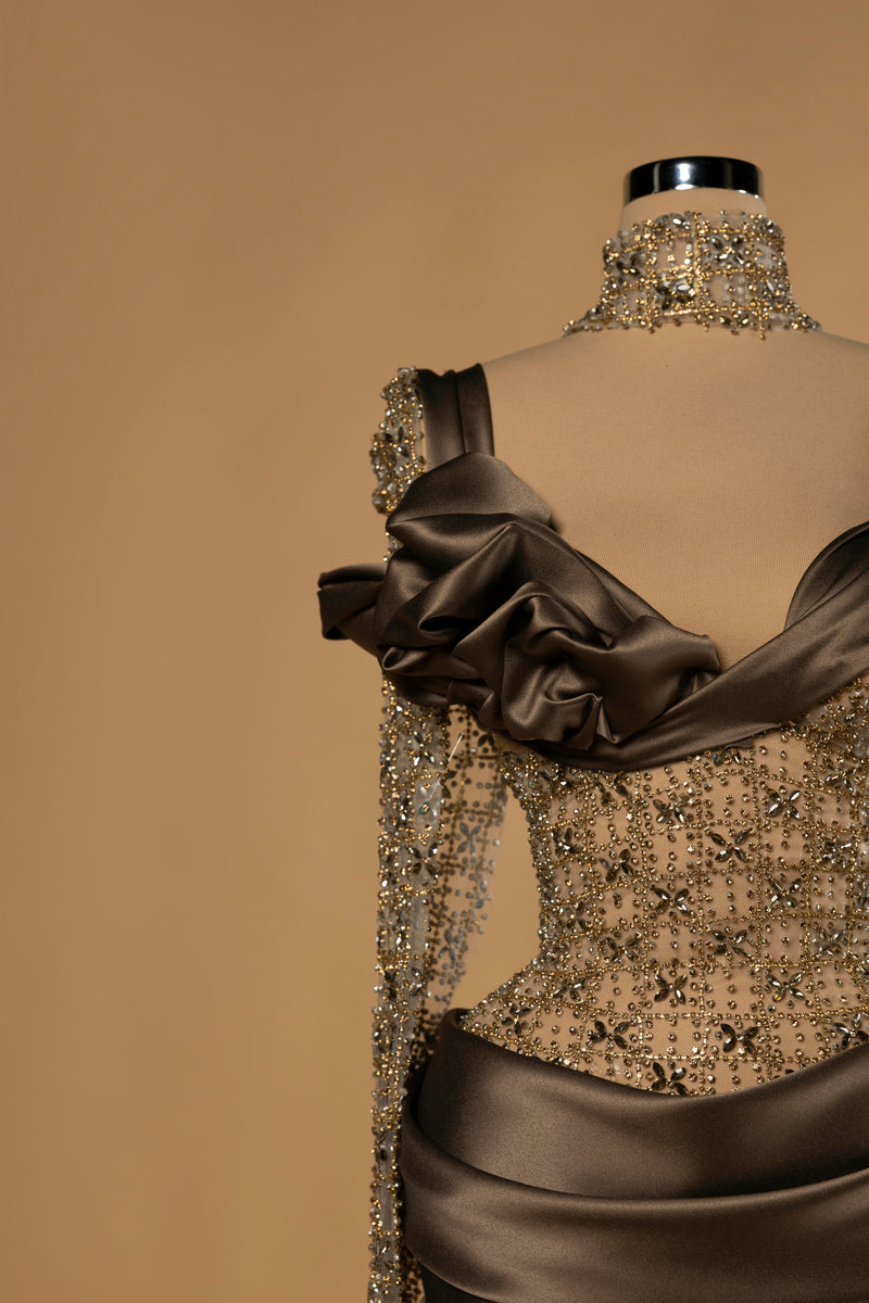 Sihëna Bronze Silk Sonata — bronze high-neck long-sleeve column evening dress