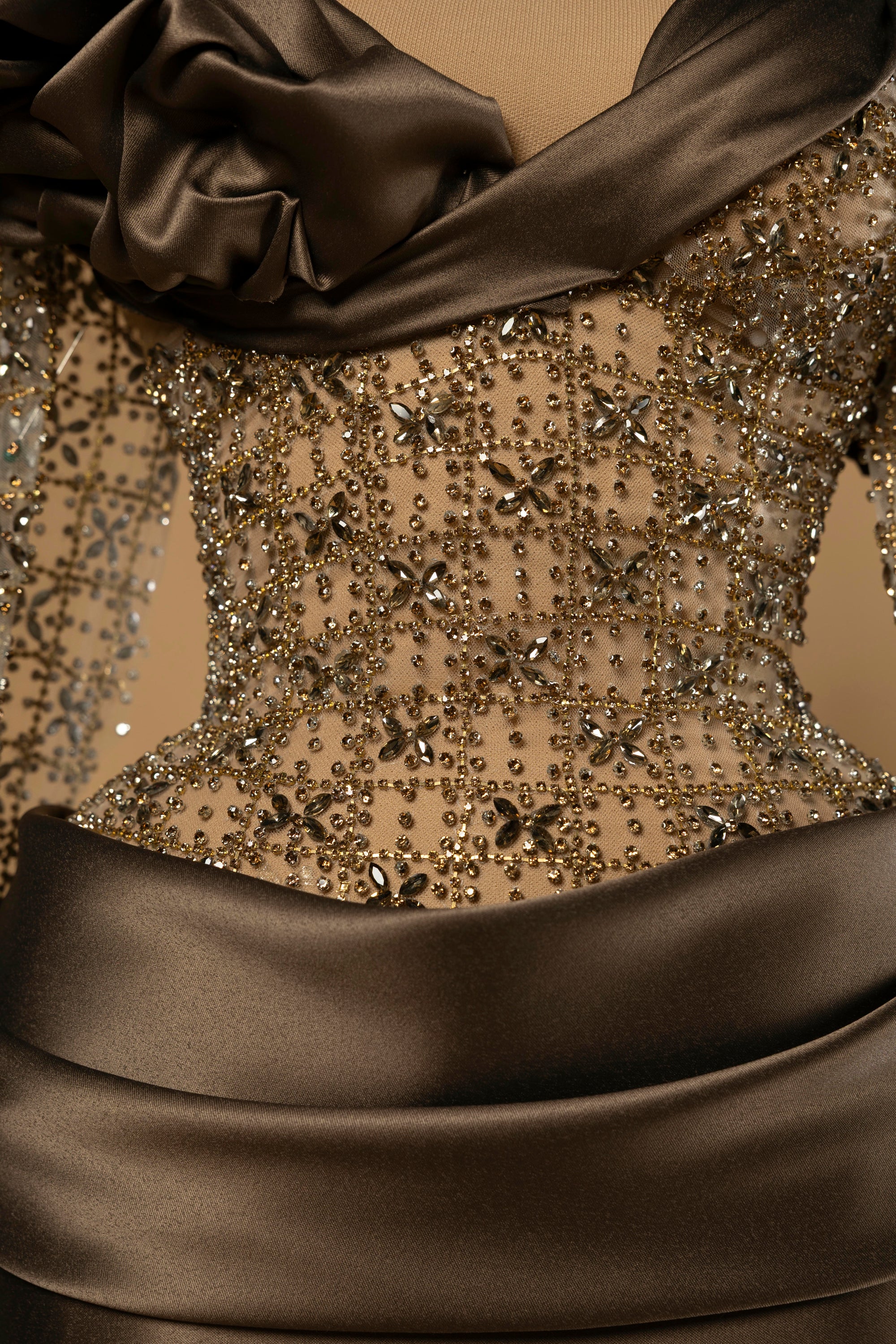 Sihëna Bronze Silk Sonata — bronze high-neck long-sleeve column evening dress
