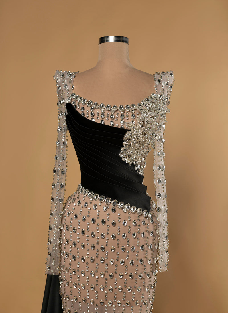 Sihëna Noir Prism — black bateau long-sleeve column evening dress