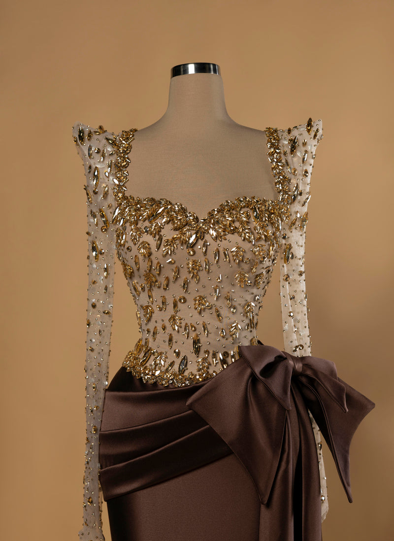 Sihëna Golden Mocha — mocha sweetheart long-sleeve column evening dress