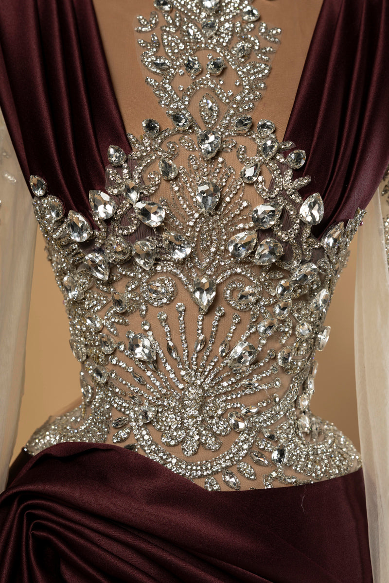 Sihëna Garnet Allure — burgundy high-neck long-sleeve column evening dress