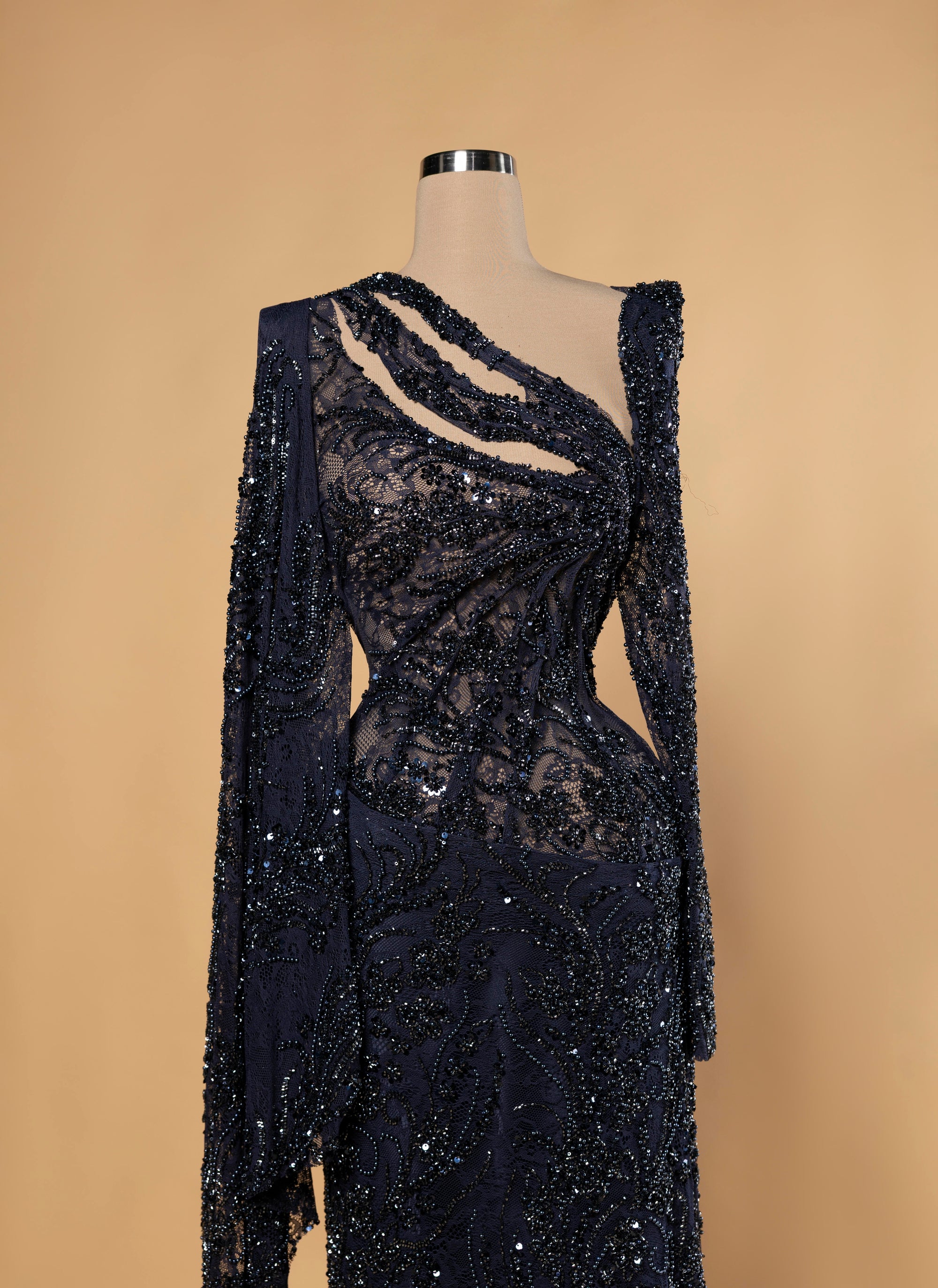 Sihëna Nightfall Arabesque — navy asymmetric long-sleeve mermaid evening dress