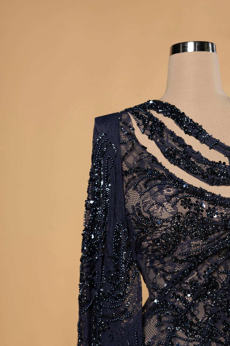 Sihëna Nightfall Arabesque — navy asymmetric long-sleeve mermaid evening dress