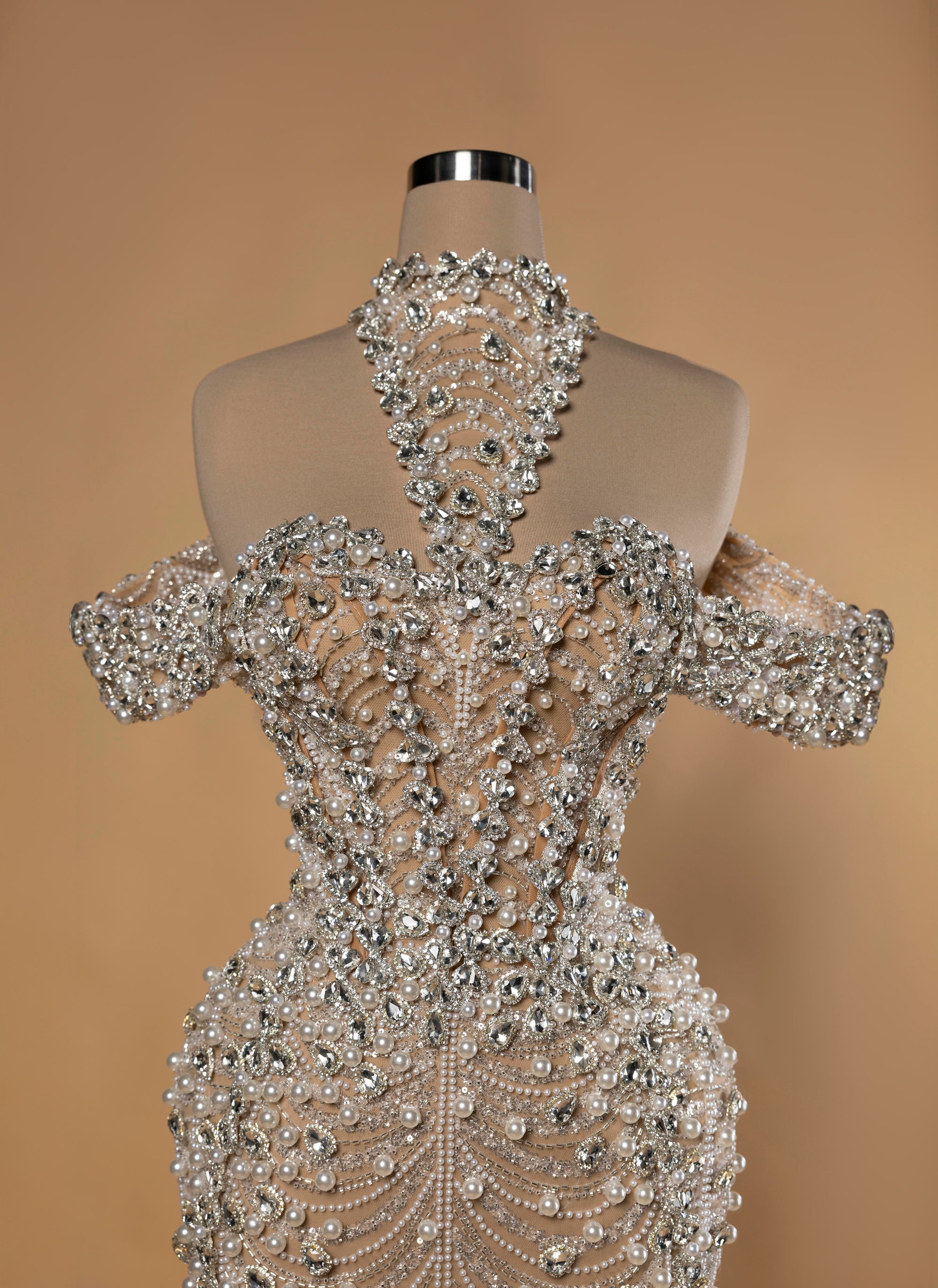 Sihëna Radiant Tapestry — silver halter off-shoulder mermaid evening dress