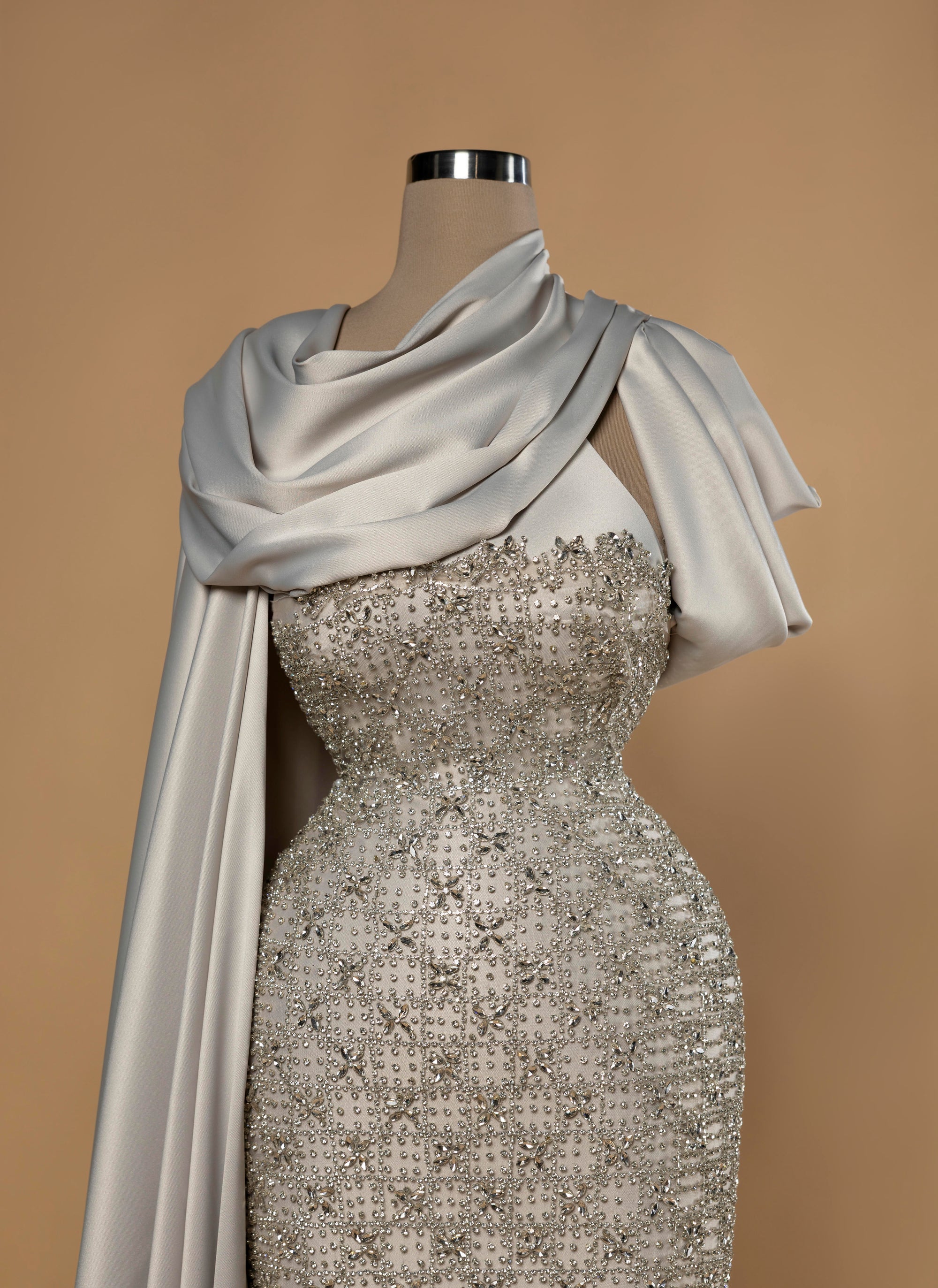 Sihëna Lunar Drape — silver strapless sleeveless column evening dress