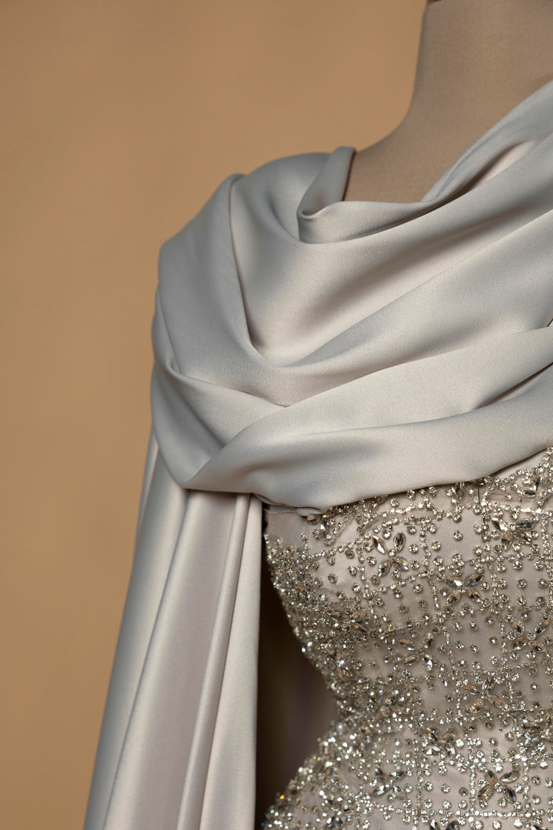 Sihëna Lunar Drape — silver strapless sleeveless column evening dress