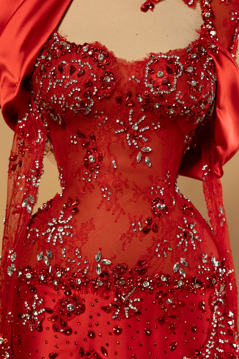 Sihëna Ruby Sultana — red high-neck long-sleeve mermaid evening dress