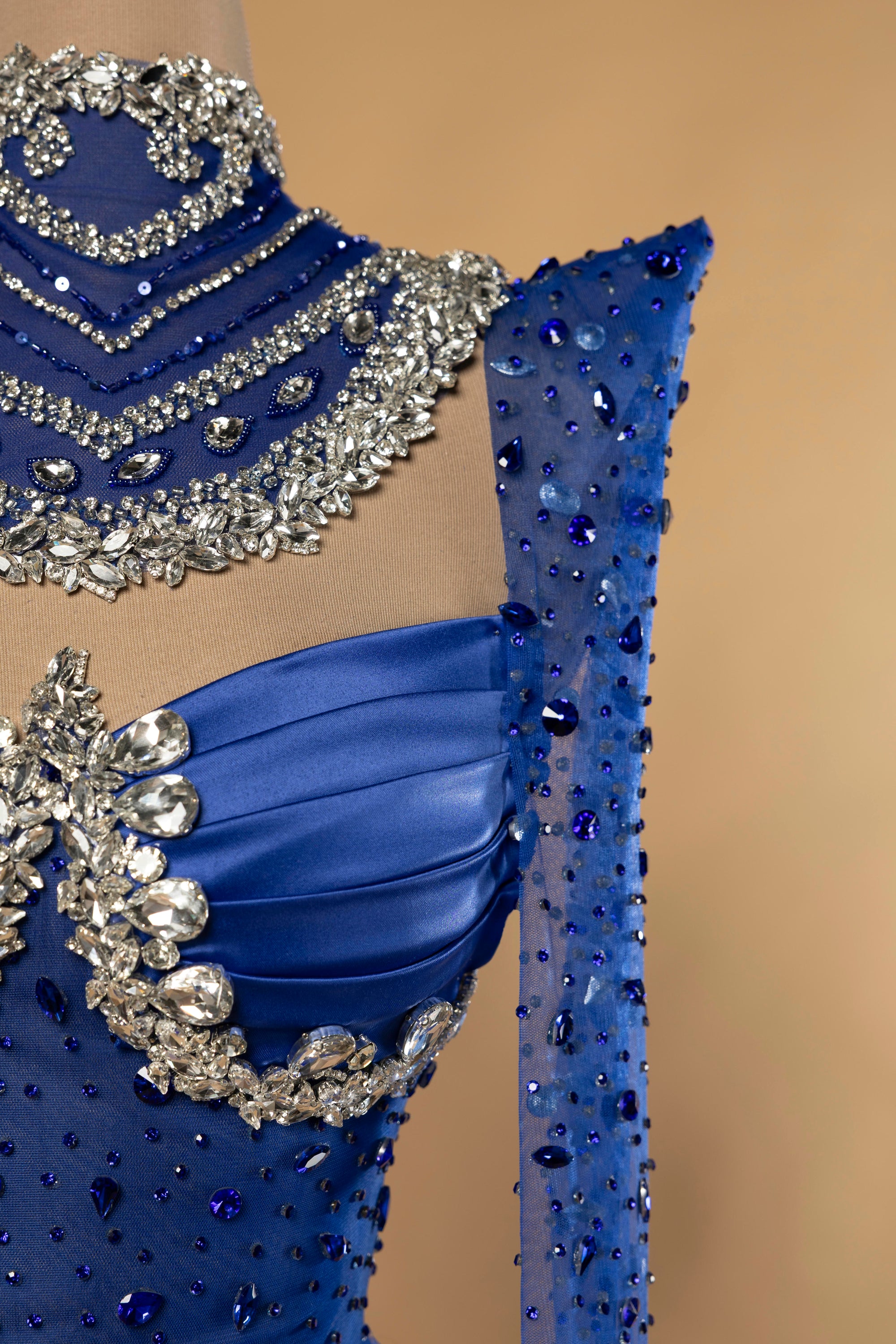 Sihëna Cerulean Heirloom — cobalt high-neck long-sleeve mermaid evening dress