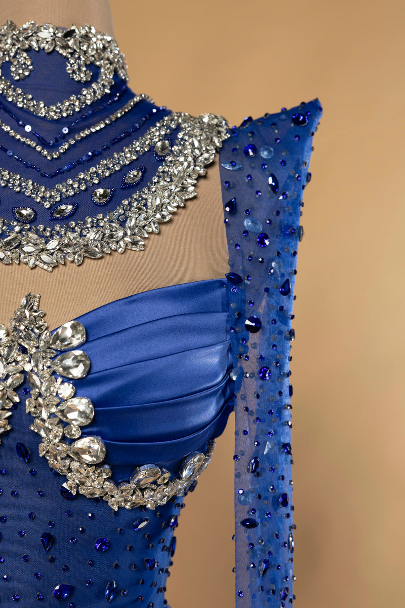 Sihëna Cerulean Heirloom — cobalt high-neck long-sleeve mermaid evening dress