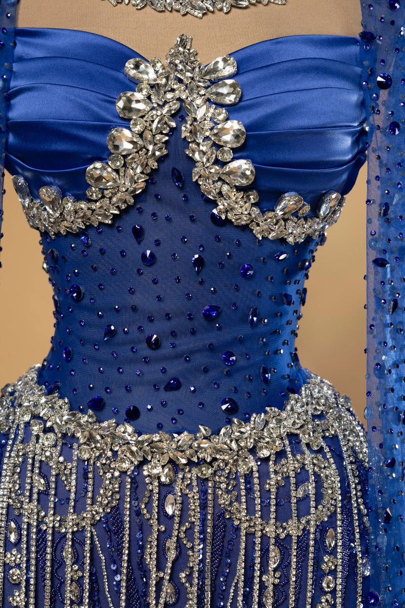 Sihëna Cerulean Heirloom — cobalt high-neck long-sleeve mermaid evening dress