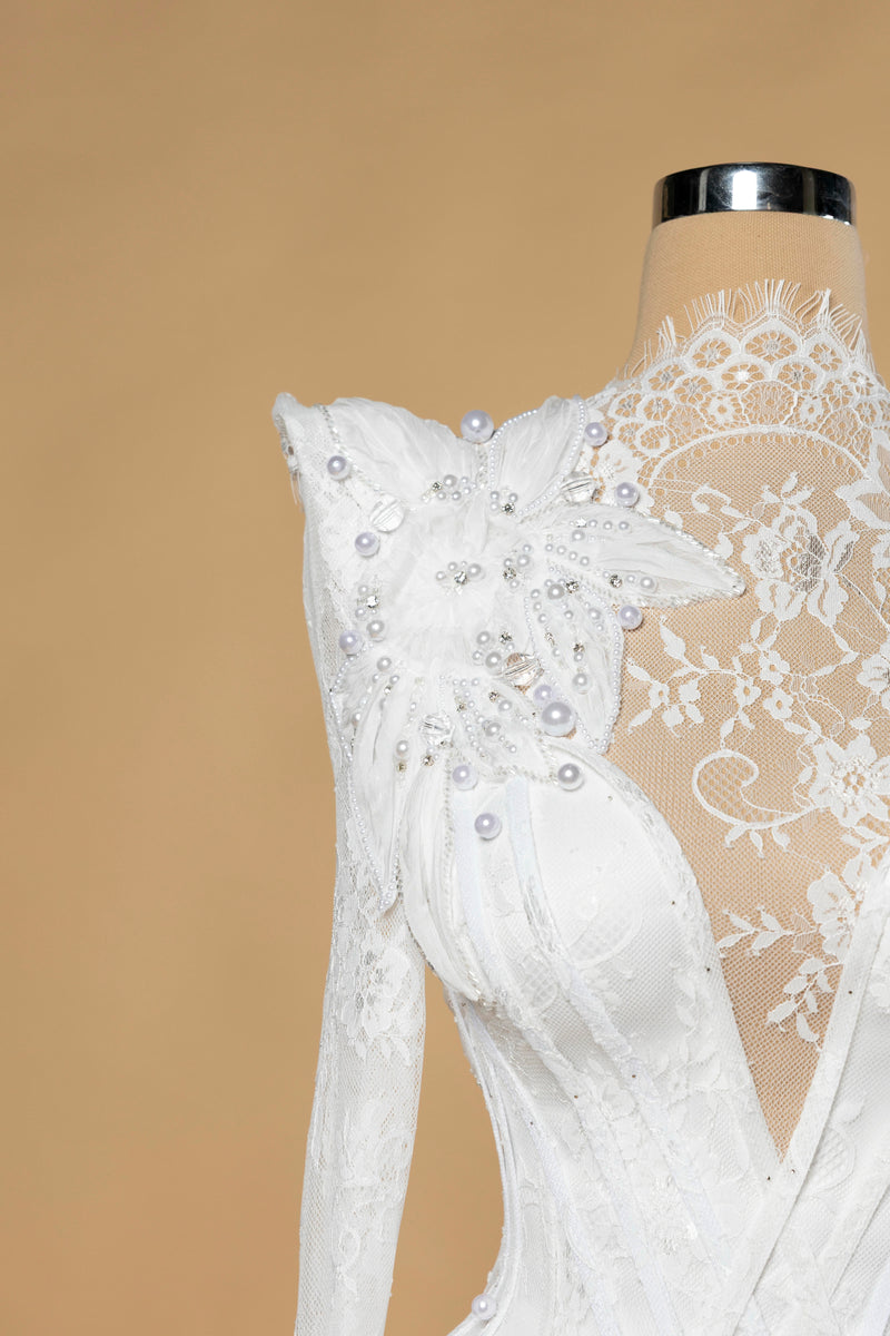 Sihëna Seraphine Lattice — ivory high-neck long-sleeve mermaid wedding dress