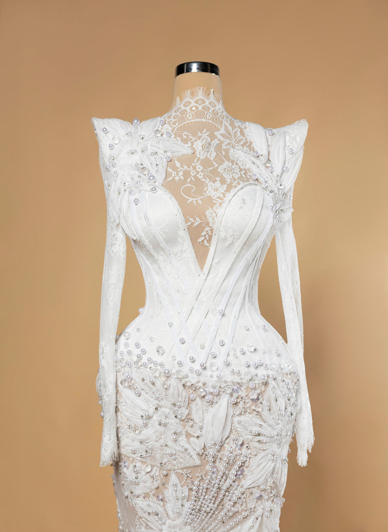 Sihëna Seraphine Lattice — ivory high-neck long-sleeve mermaid wedding dress