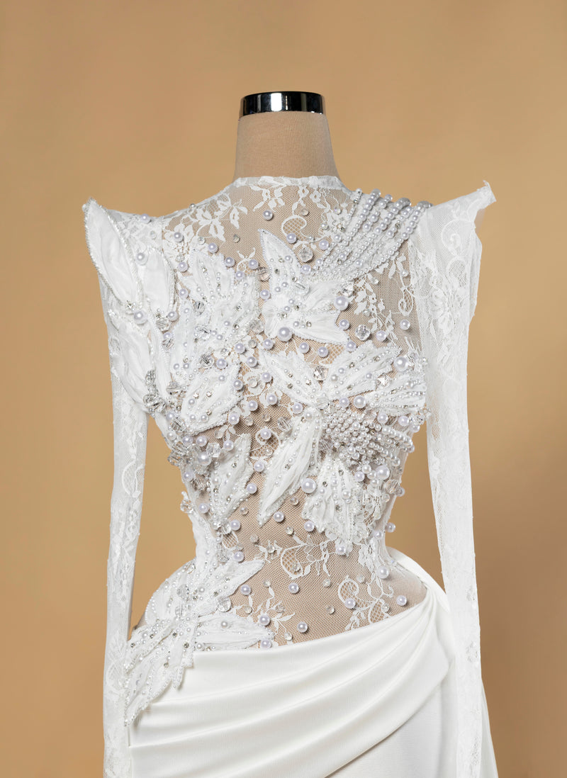 Sihëna Noor Draped Serenity — ivory high-neck long-sleeve column wedding dress
