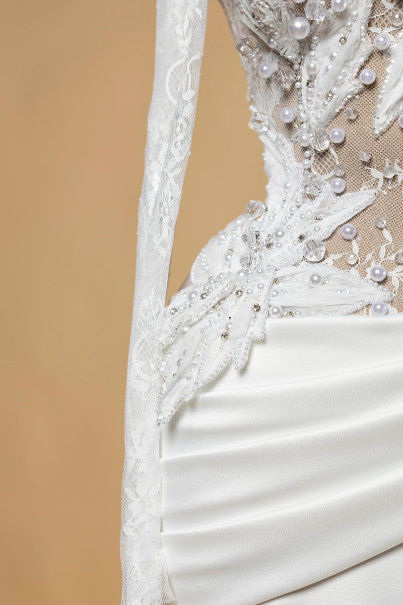 Sihëna Noor Draped Serenity — ivory high-neck long-sleeve column wedding dress